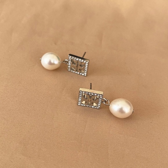 Tory Burch Silver & Gems Logo Pearl Drop Earrings - Picture 3 of 5
